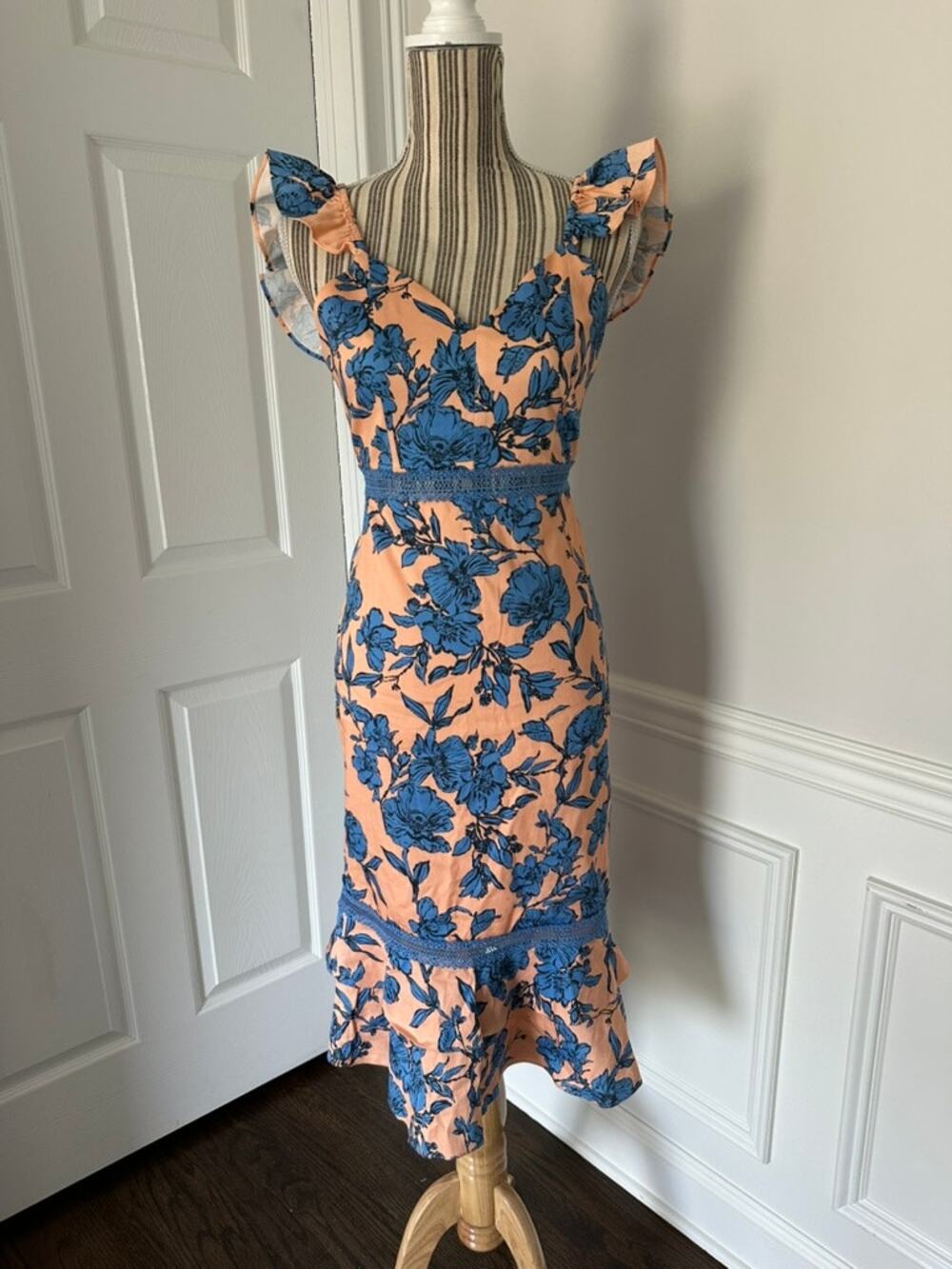 Alice + Olivia Jade Floral Midi Dress Peach Blue Ruffle Sleeve Size 0